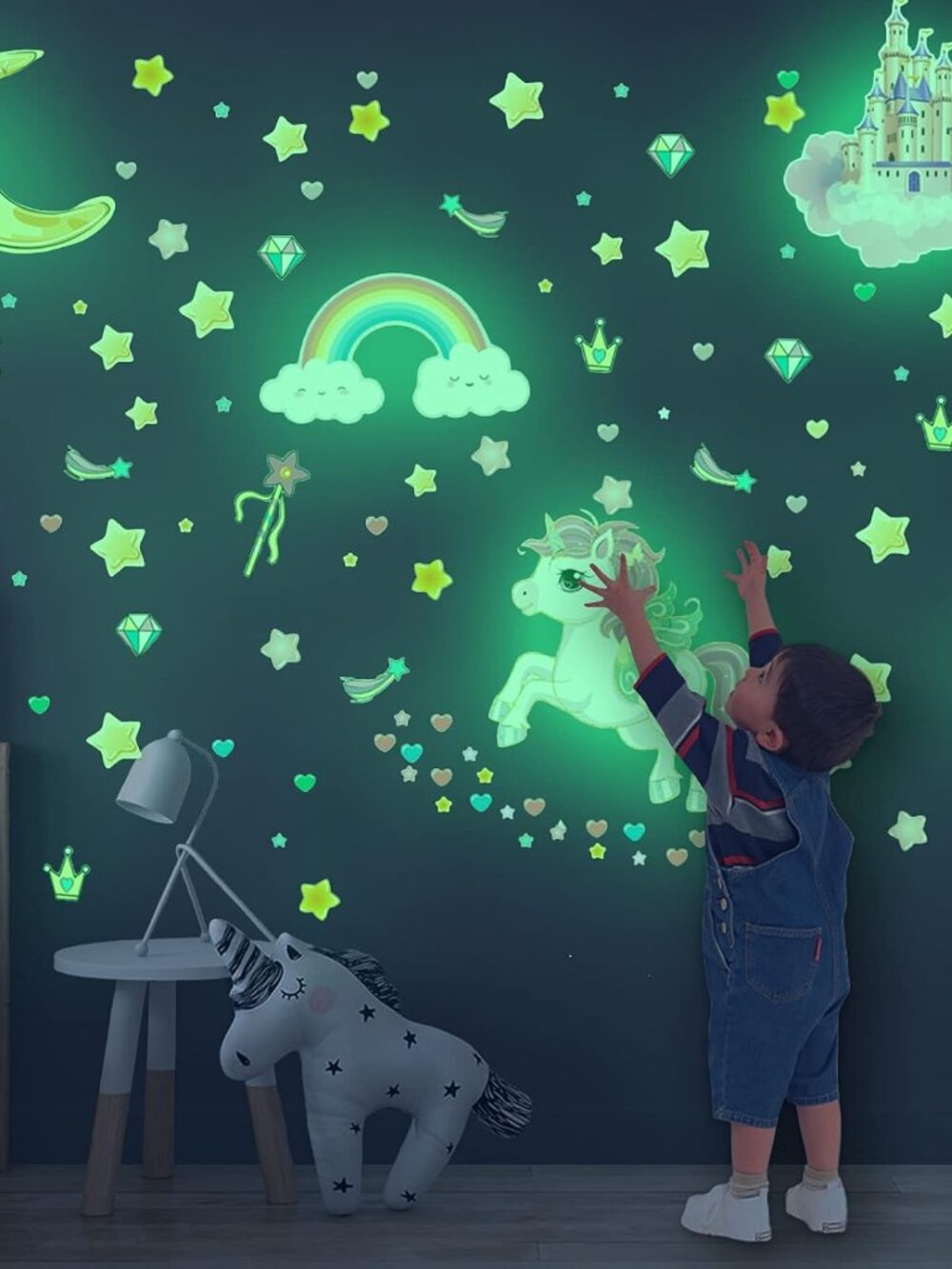 Glow in The Dark Stars and Unicorn Wall Decals, Glowing Castle Moon and Rainbow